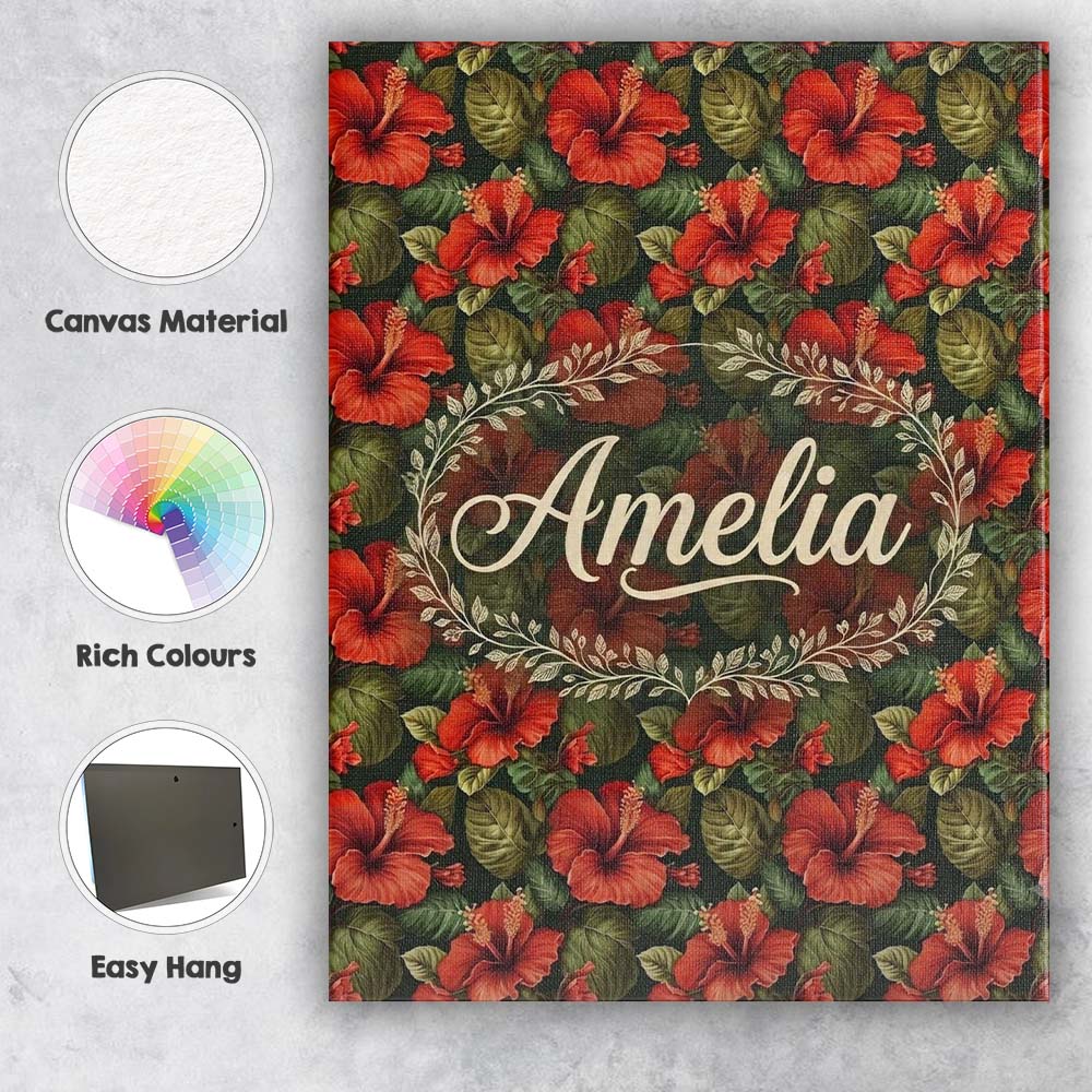 Personalised Name Tropical Red Hibiscus Custom Modern Room Accent Elegant Feature Canvas Wall Art Print Decor Picture Ready to Hang