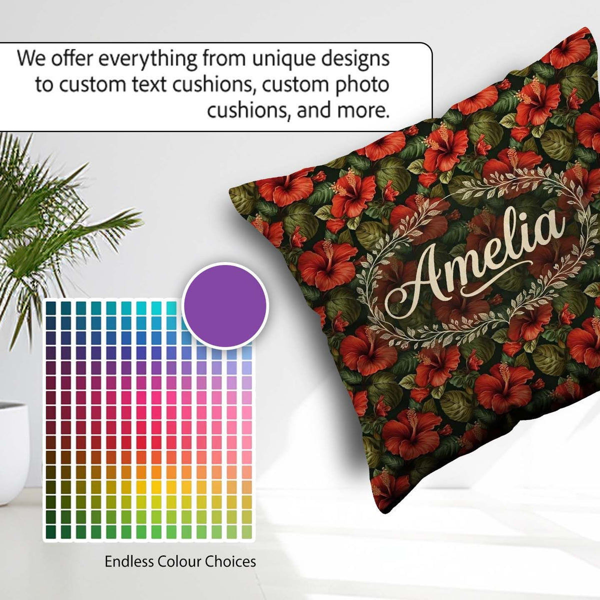Custom Name Tropical Red Hibiscus Dark Botanical Seamless Name Square Filled Cushion Throw Pillow Sofa Bed Home Decor Zip Washable UK Made
