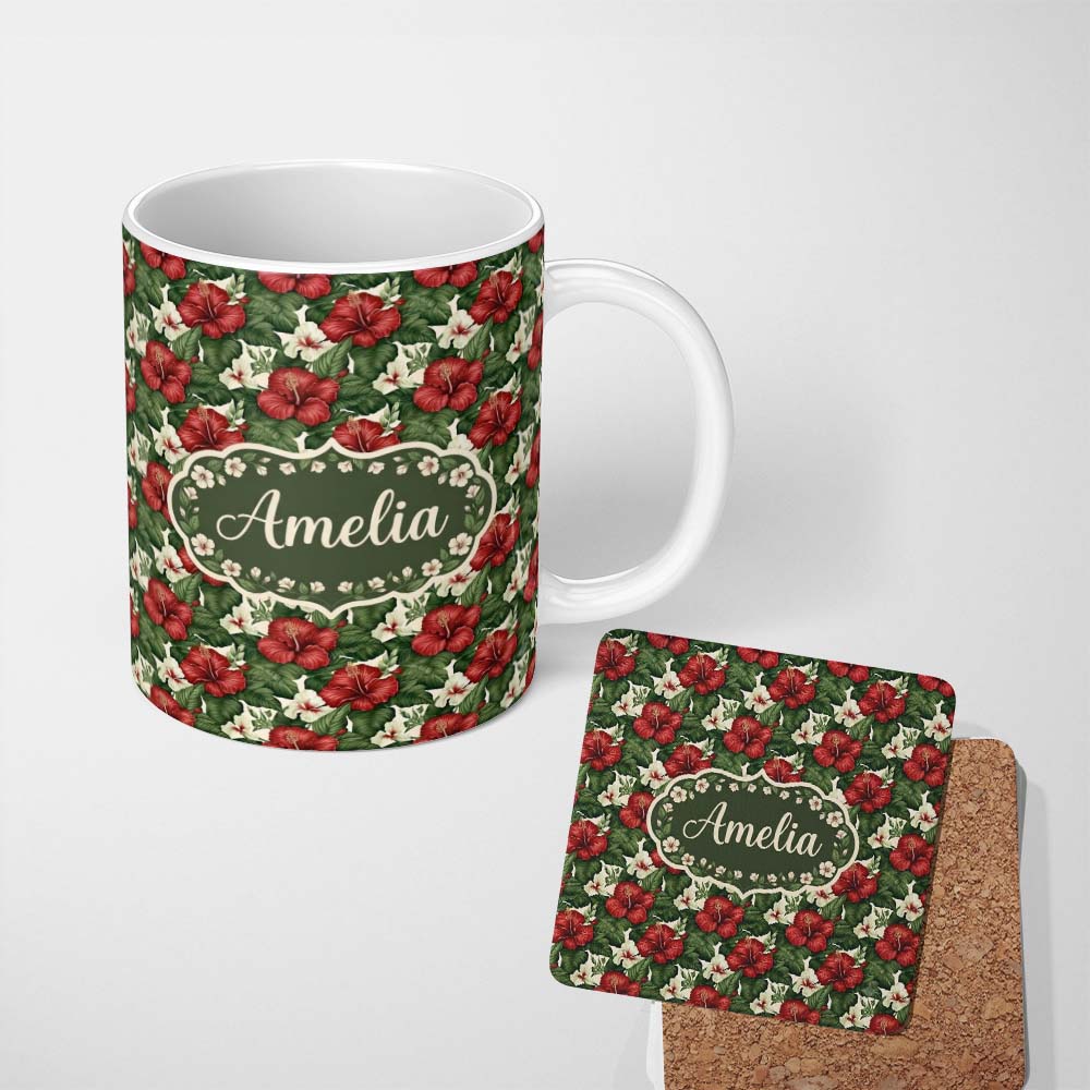 Personalized Custom Name Tropical Hibiscus White Red Botanical Seamless Pattern Name Cute 11oz Ceramic Coffee Tea Mug White Large Handle
