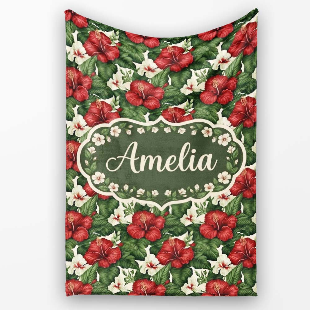 Tropical Hibiscus White Red Botanical Seamless Pattern Name Cute Personalised Custom Name Super Soft Fleece Blanket Bed Sofa Throw