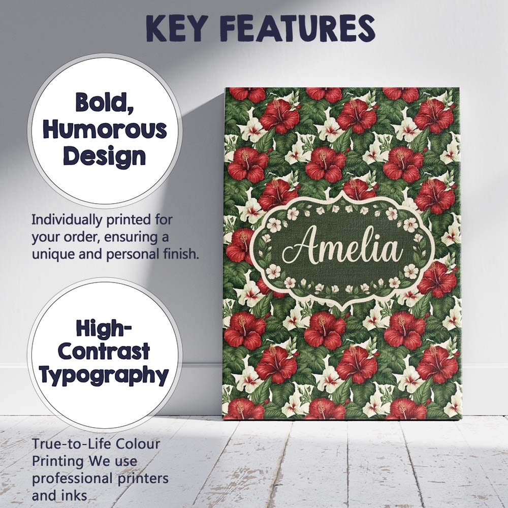 Personalised Name Tropical Hibiscus White Custom Unique Gift Idea Elegant Feature Canvas Wall Art Print Decor Picture Ready to Hang