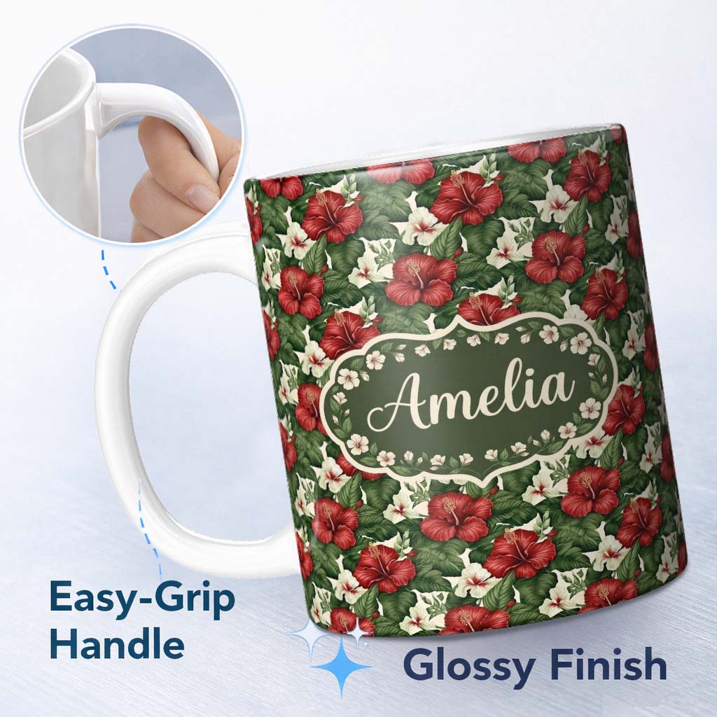 Personalized Custom Name Tropical Hibiscus White Red Botanical Seamless Pattern Name Cute 11oz Ceramic Coffee Tea Mug White Large Handle