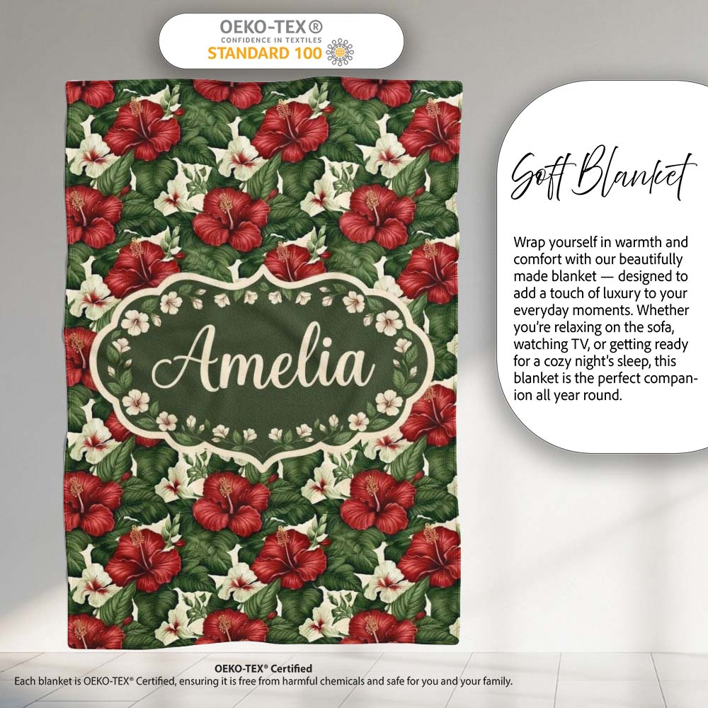 Tropical Hibiscus White Red Botanical Seamless Pattern Name Cute Personalised Custom Name Super Soft Fleece Blanket Bed Sofa Throw