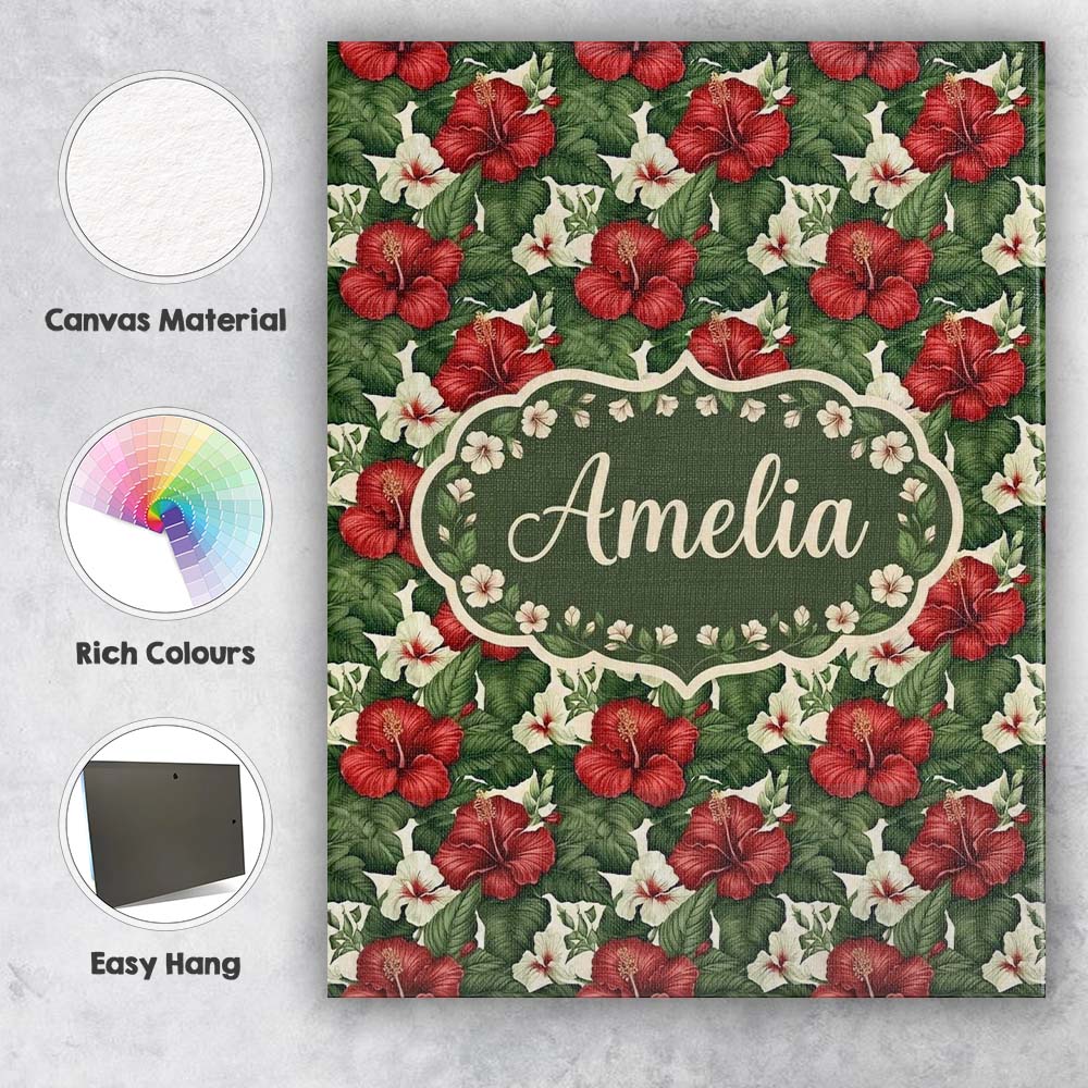 Personalised Name Tropical Hibiscus White Custom Unique Gift Idea Elegant Feature Canvas Wall Art Print Decor Picture Ready to Hang
