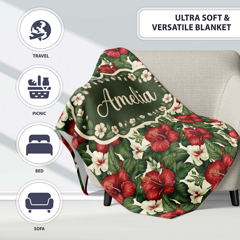Tropical Hibiscus White Red Botanical Seamless Pattern Name Cute Personalised Custom Name Super Soft Fleece Blanket Bed Sofa Throw