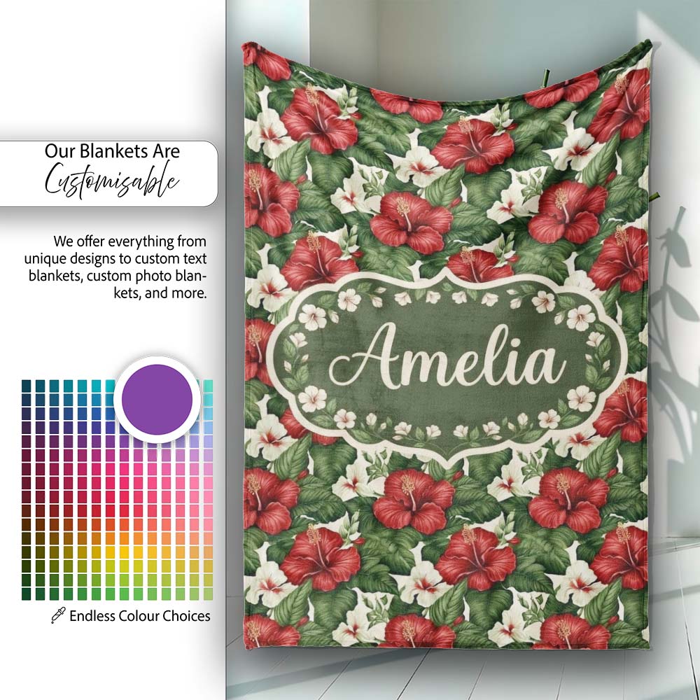 Tropical Hibiscus White Red Botanical Seamless Pattern Name Cute Personalised Custom Name Super Soft Fleece Blanket Bed Sofa Throw