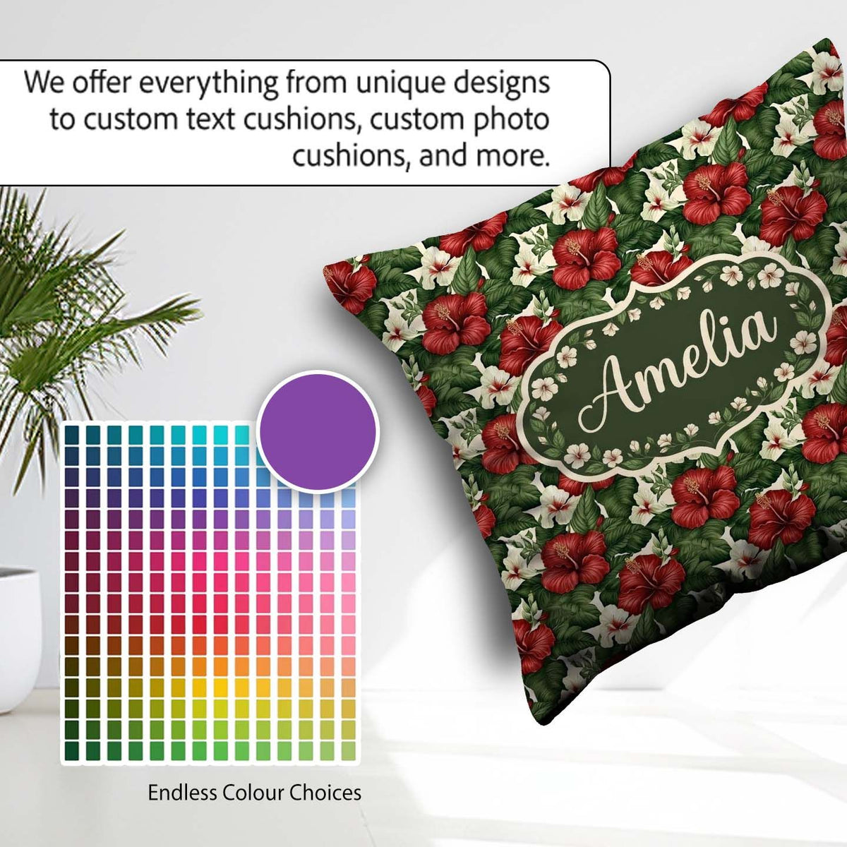 Custom Name Tropical Hibiscus White Red Botanical Seamless Name Square Filled Cushion Throw Pillow Sofa Bed Home Decor Zip Washable UK Made