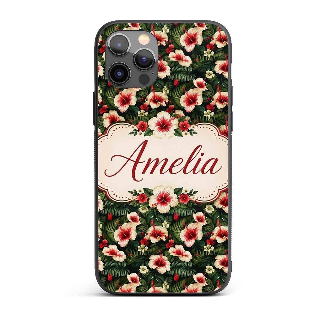 Tropical Hibiscus Cream Red Jungle Printed Design Custom Name Protective Phone Case Mobile Cover Durable Everyday Smartphone Shock Resistant