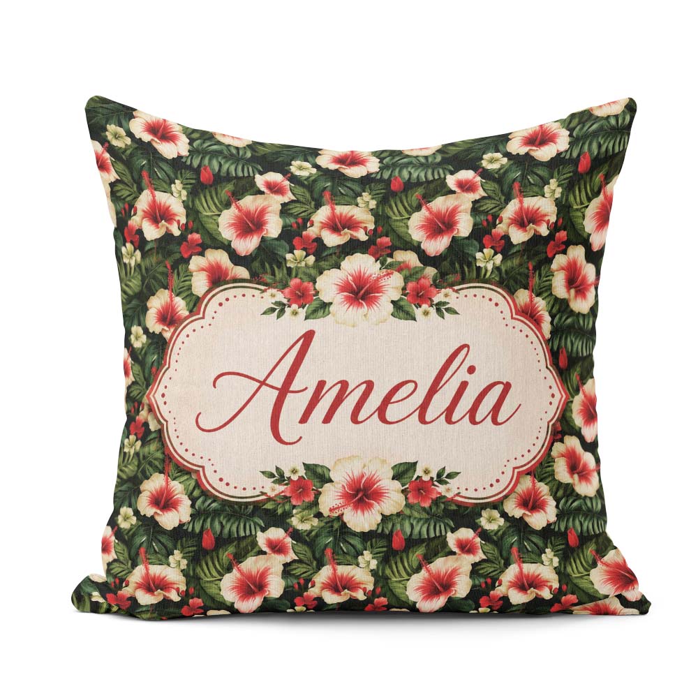 Custom Name Tropical Hibiscus Cream Red Jungle Pattern Name Cute Square Filled Cushion Throw Pillow Sofa Bed Home Decor Zip Washable UK Made