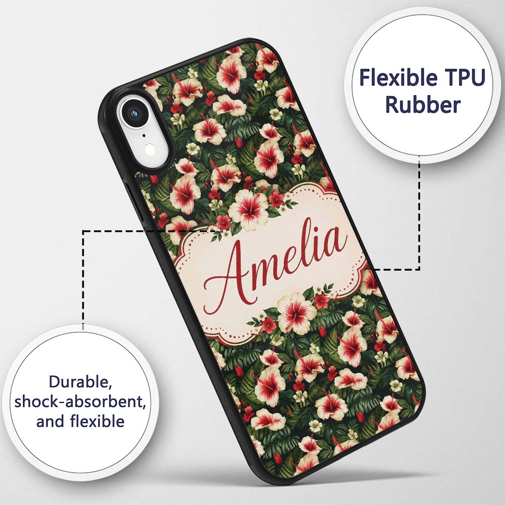 Tropical Hibiscus Cream Red Jungle Printed Design Custom Name Protective Phone Case Mobile Cover Durable Everyday Smartphone Shock Resistant