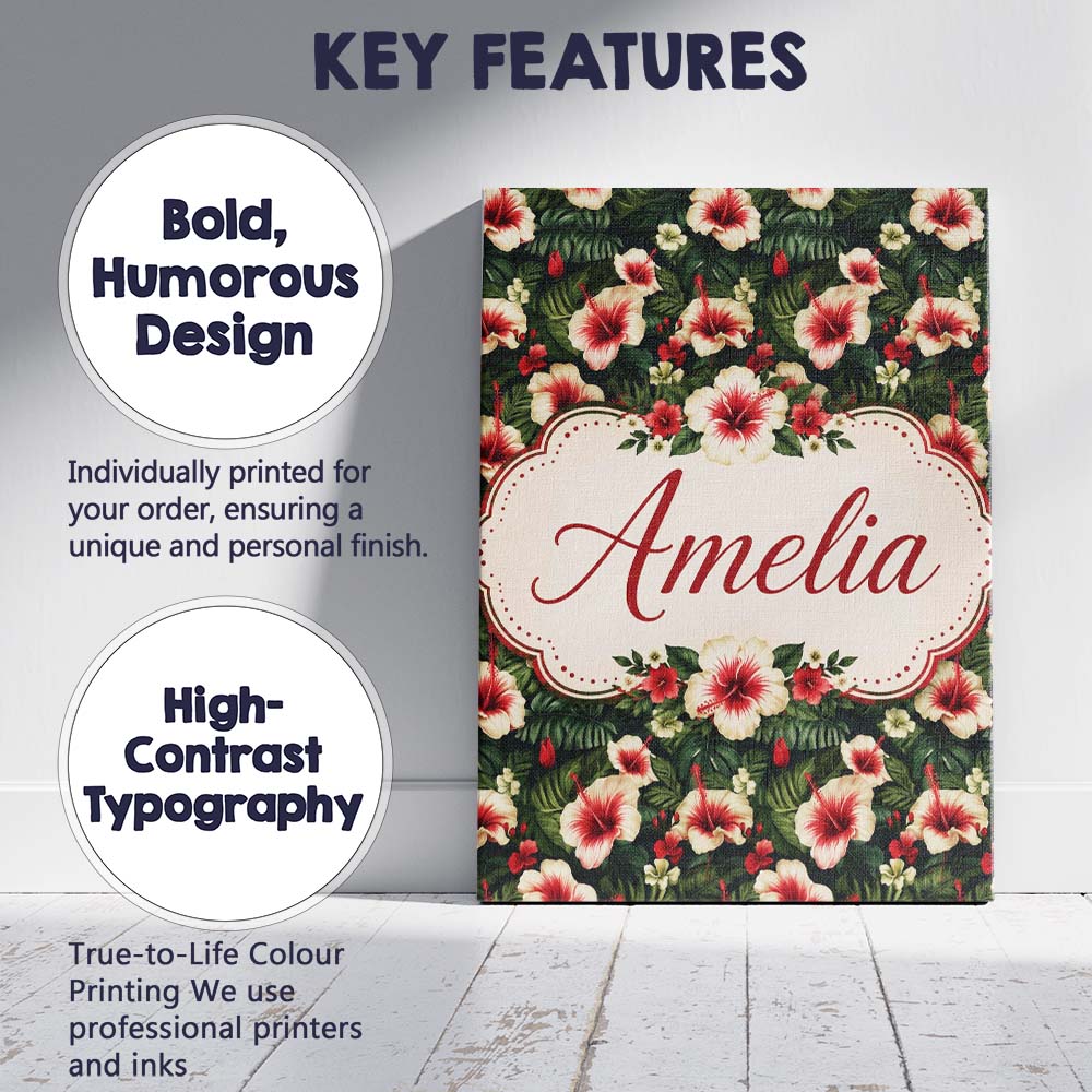 Personalised Name Tropical Hibiscus Cream Custom Unique Gift Idea Elegant Feature Canvas Wall Art Print Decor Picture Ready to Hang