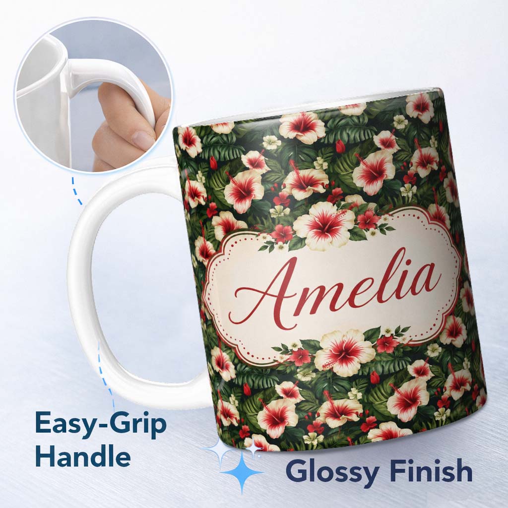 Personalized Custom Name Tropical Hibiscus Cream Red Jungle Seamless Pattern Name Cute 11oz Ceramic Coffee Tea Mug White Large Handle