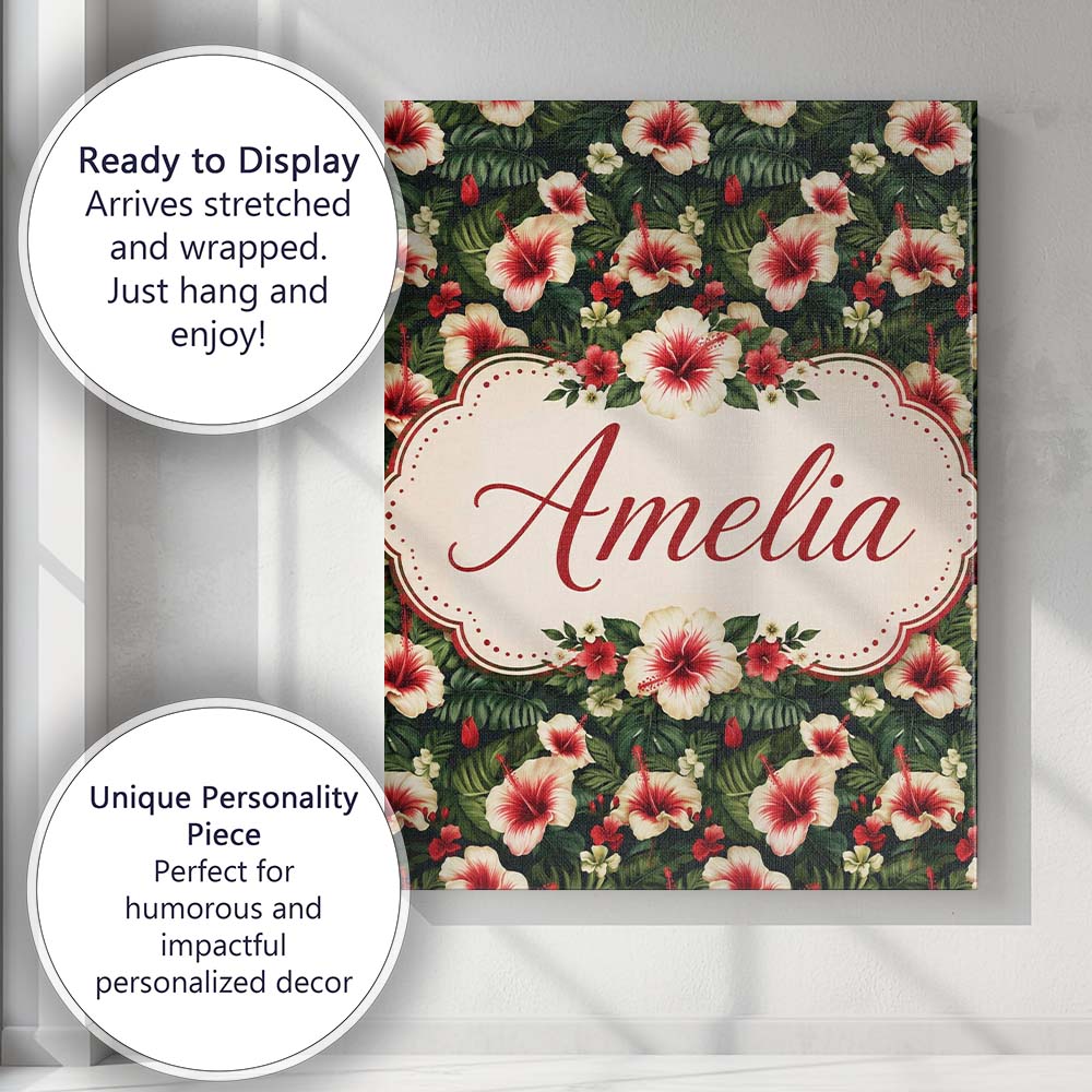 Personalised Name Tropical Hibiscus Cream Custom Unique Gift Idea Elegant Feature Canvas Wall Art Print Decor Picture Ready to Hang
