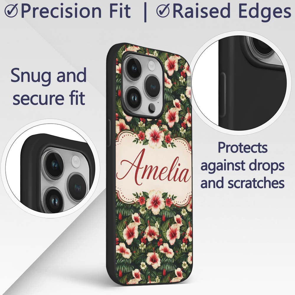 Tropical Hibiscus Cream Red Jungle Printed Design Custom Name Protective Phone Case Mobile Cover Durable Everyday Smartphone Shock Resistant