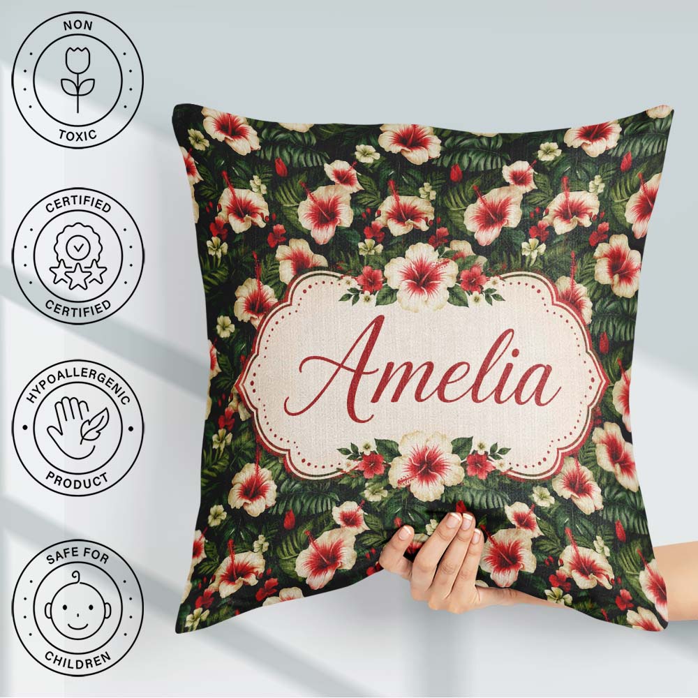 Custom Name Tropical Hibiscus Cream Red Jungle Pattern Name Cute Square Filled Cushion Throw Pillow Sofa Bed Home Decor Zip Washable UK Made