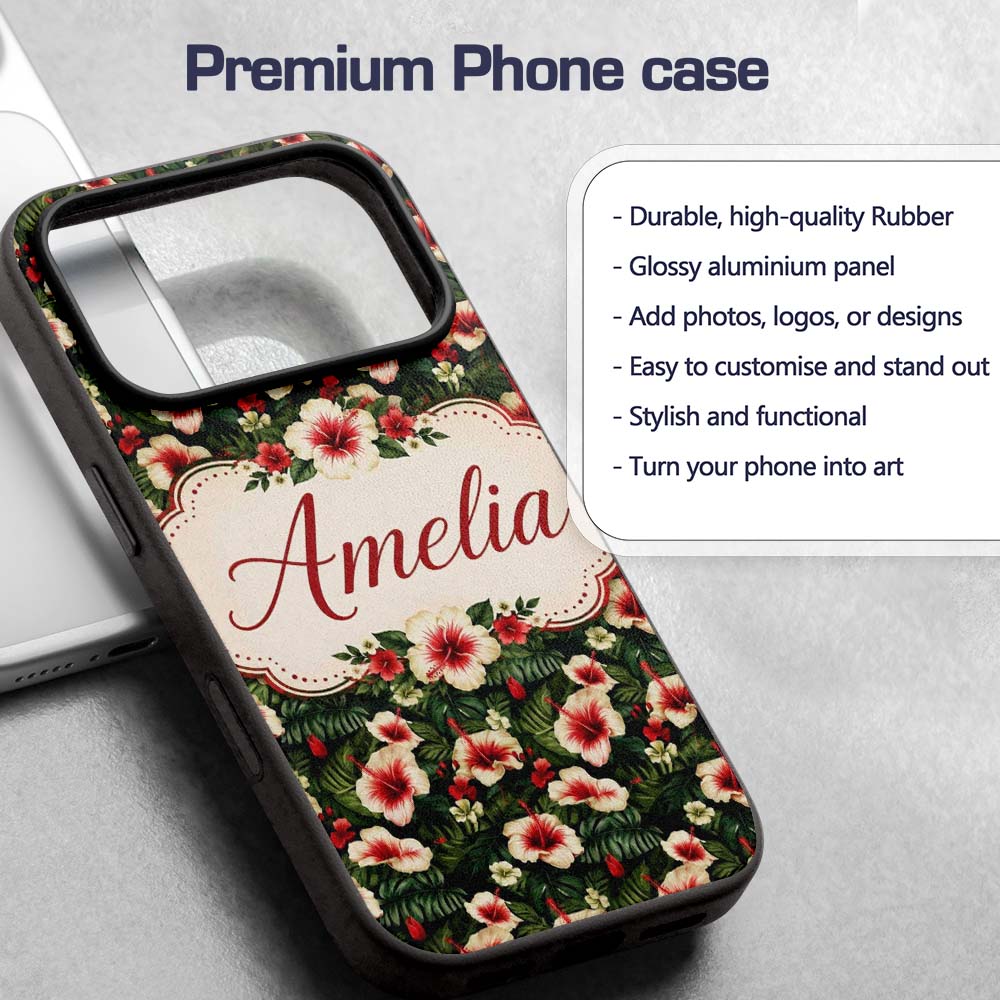 Tropical Hibiscus Cream Red Jungle Printed Design Custom Name Protective Phone Case Mobile Cover Durable Everyday Smartphone Shock Resistant
