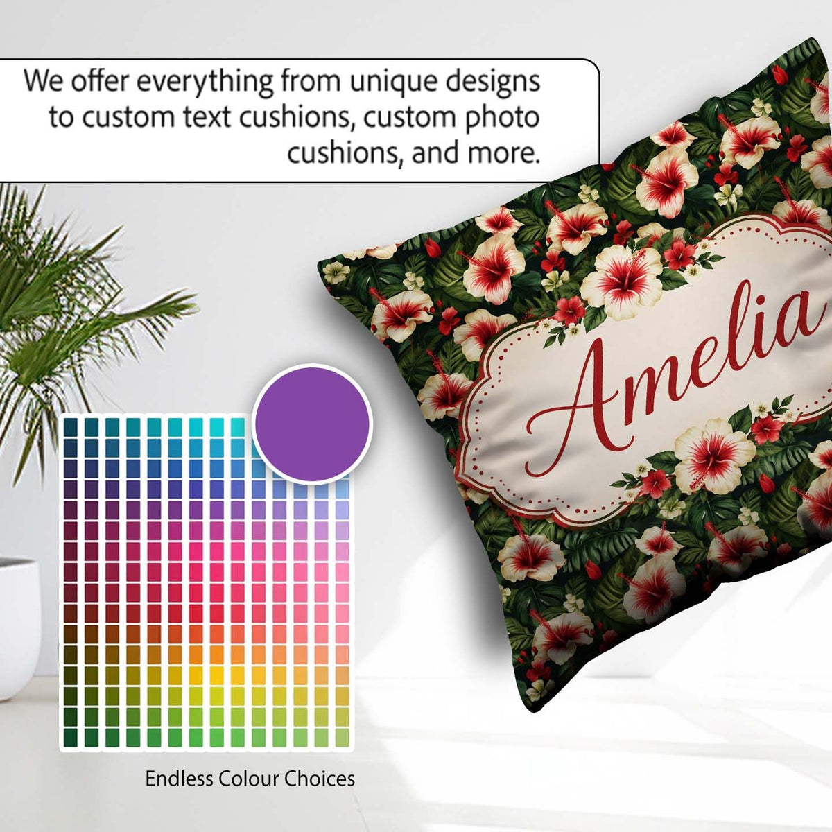 Custom Name Tropical Hibiscus Cream Red Jungle Pattern Name Cute Square Filled Cushion Throw Pillow Sofa Bed Home Decor Zip Washable UK Made