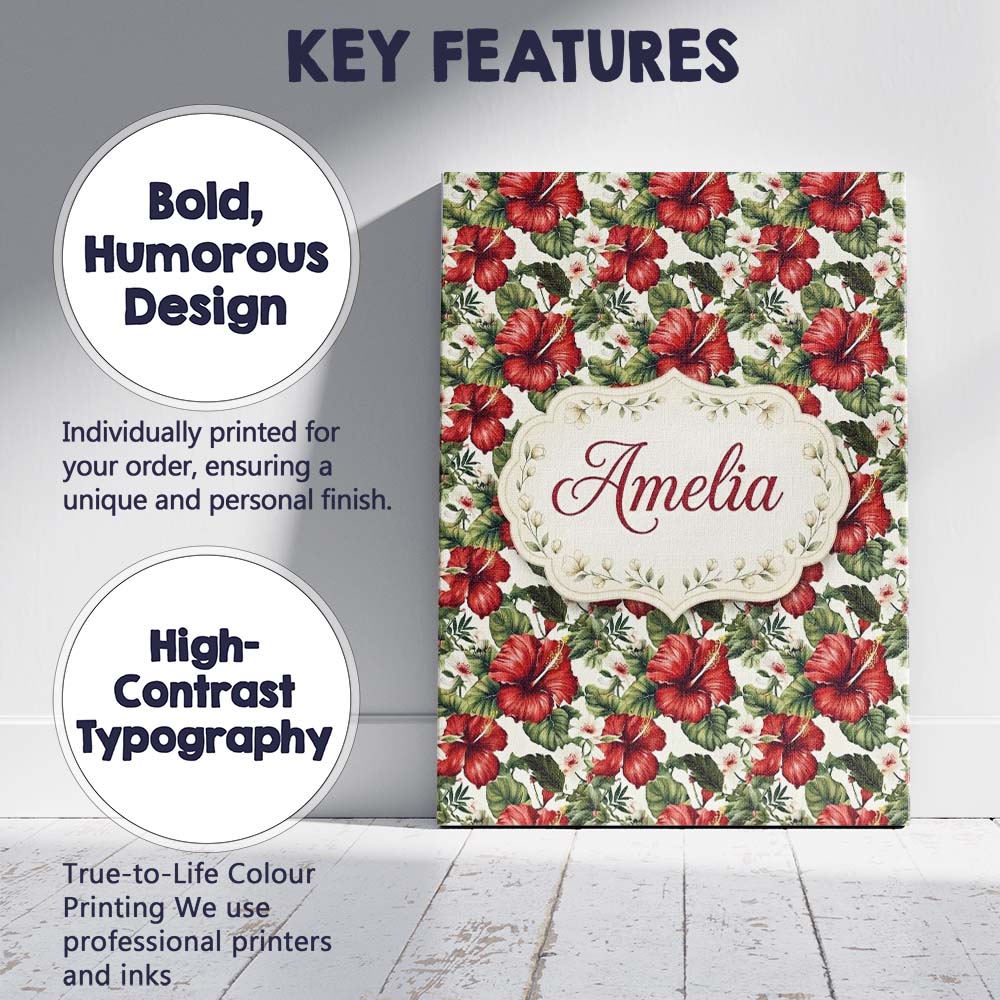 Personalised Name Tropical Red Hibiscus Custom Modern Room Accent Elegant Feature Canvas Wall Art Print Decor Picture Ready to Hang