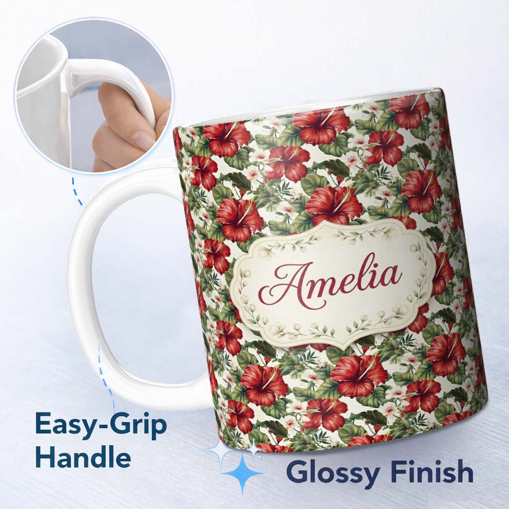 Personalized Custom Name Tropical Red Hibiscus Floral Botanical Seamless Pattern Name Cute 11oz Ceramic Coffee Tea Mug White Large Handle