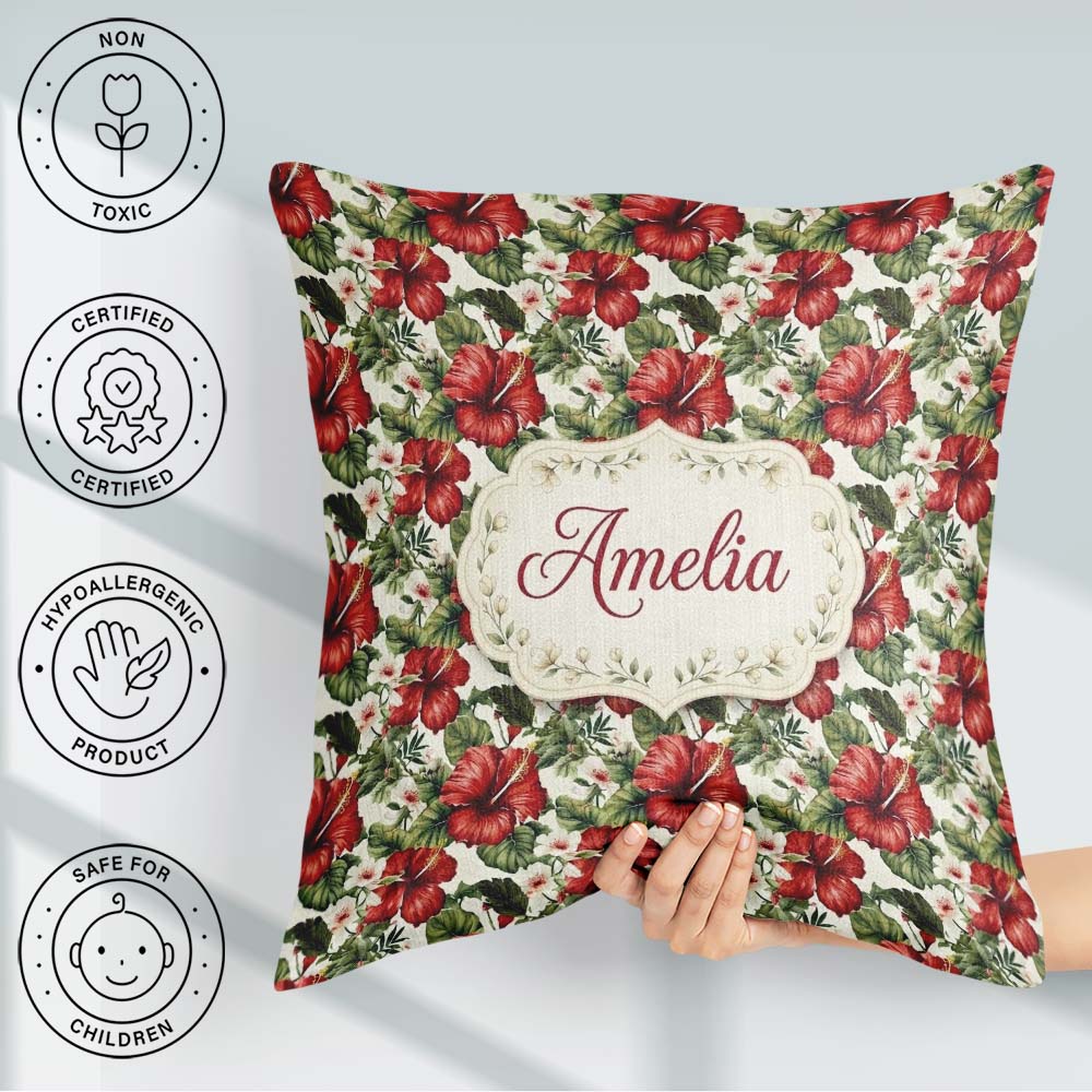 Custom Name Tropical Red Hibiscus Floral Botanical Seamless Name Square Filled Cushion Throw Pillow Sofa Bed Home Decor Zip Washable UK Made