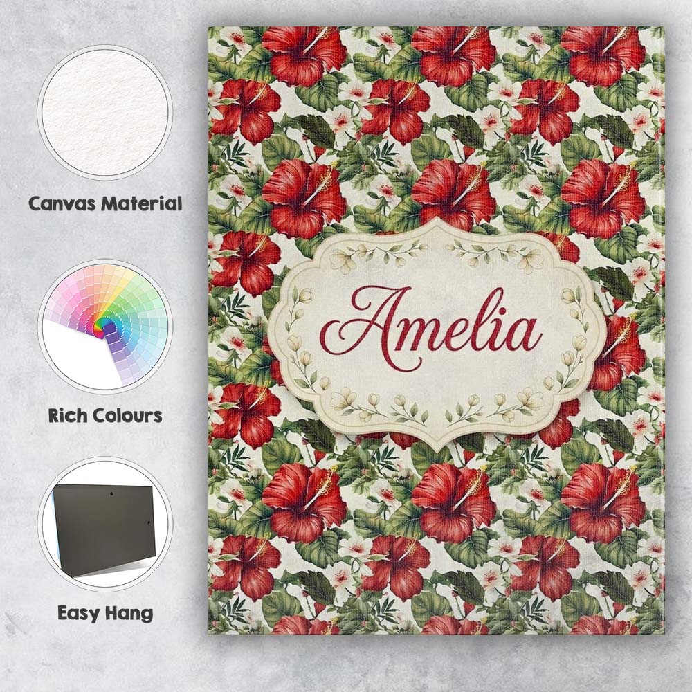 Personalised Name Tropical Red Hibiscus Custom Modern Room Accent Elegant Feature Canvas Wall Art Print Decor Picture Ready to Hang