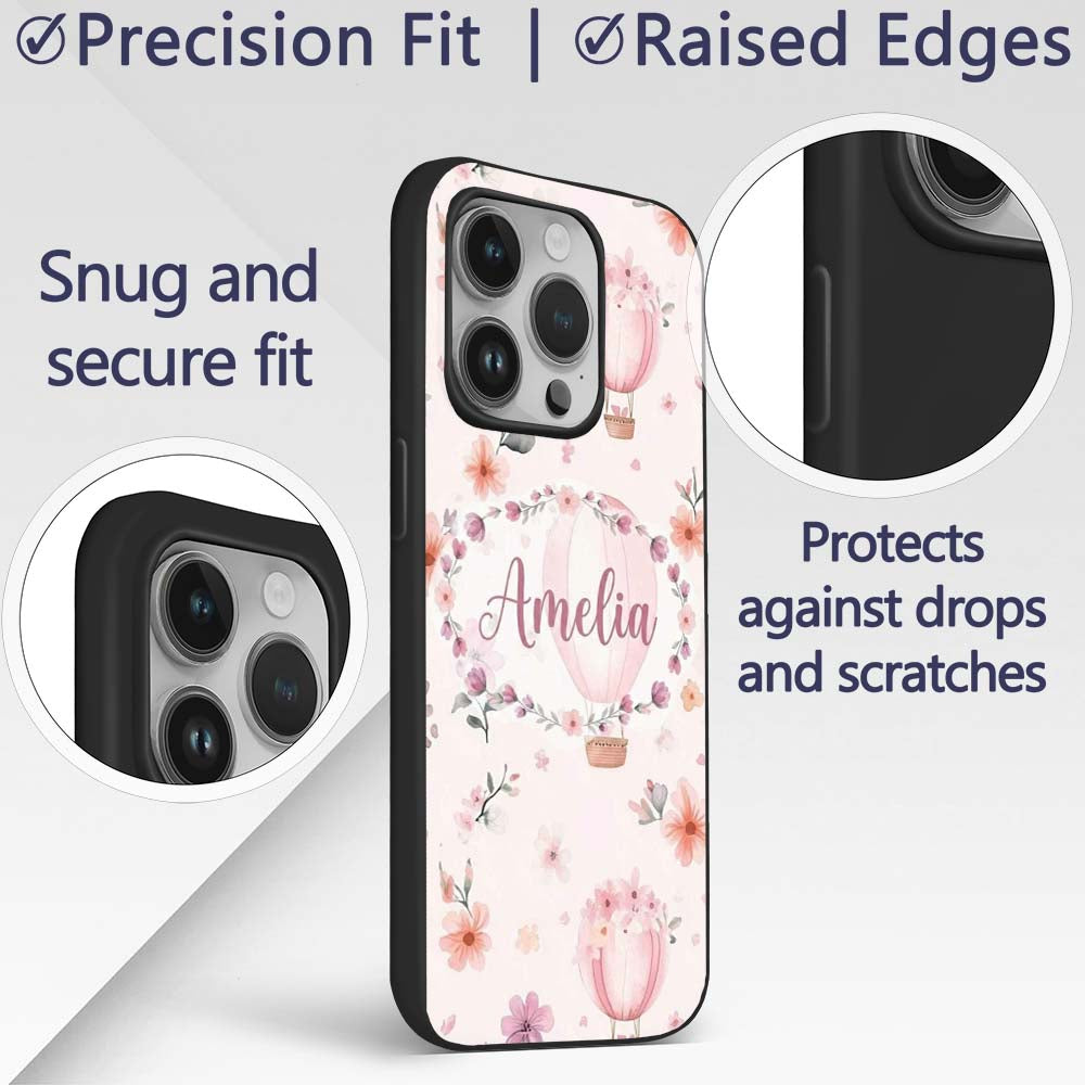 Soft Pink Floral Hot Air Balloon Printed Design Custom Name Protective Phone Case Mobile Cover Durable Everyday Smartphone Shock Resistant