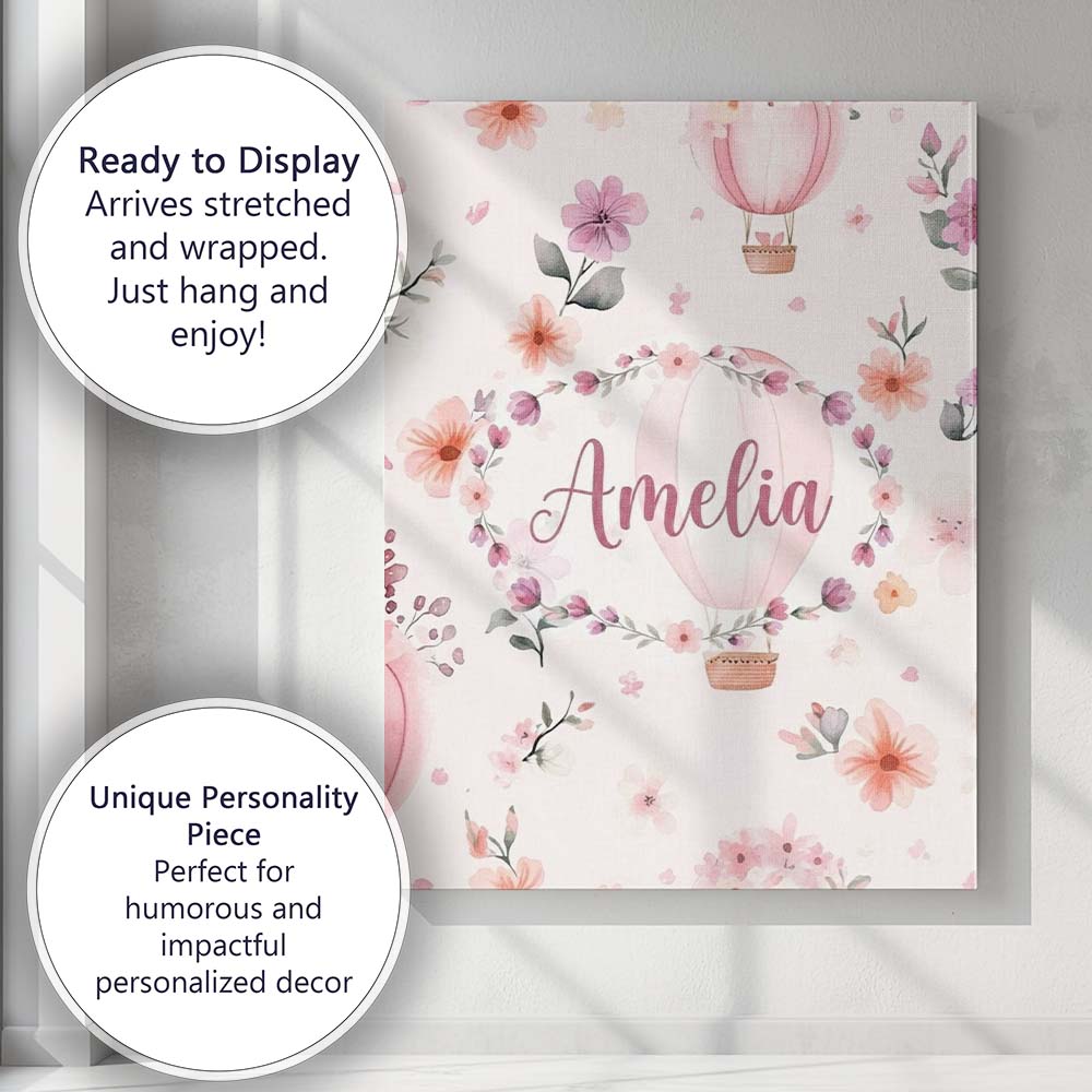 Personalised Name Soft Pink Floral Hot Air Custom Unique Gift Idea Elegant Feature Canvas Wall Art Print Decor Picture Ready to Hang