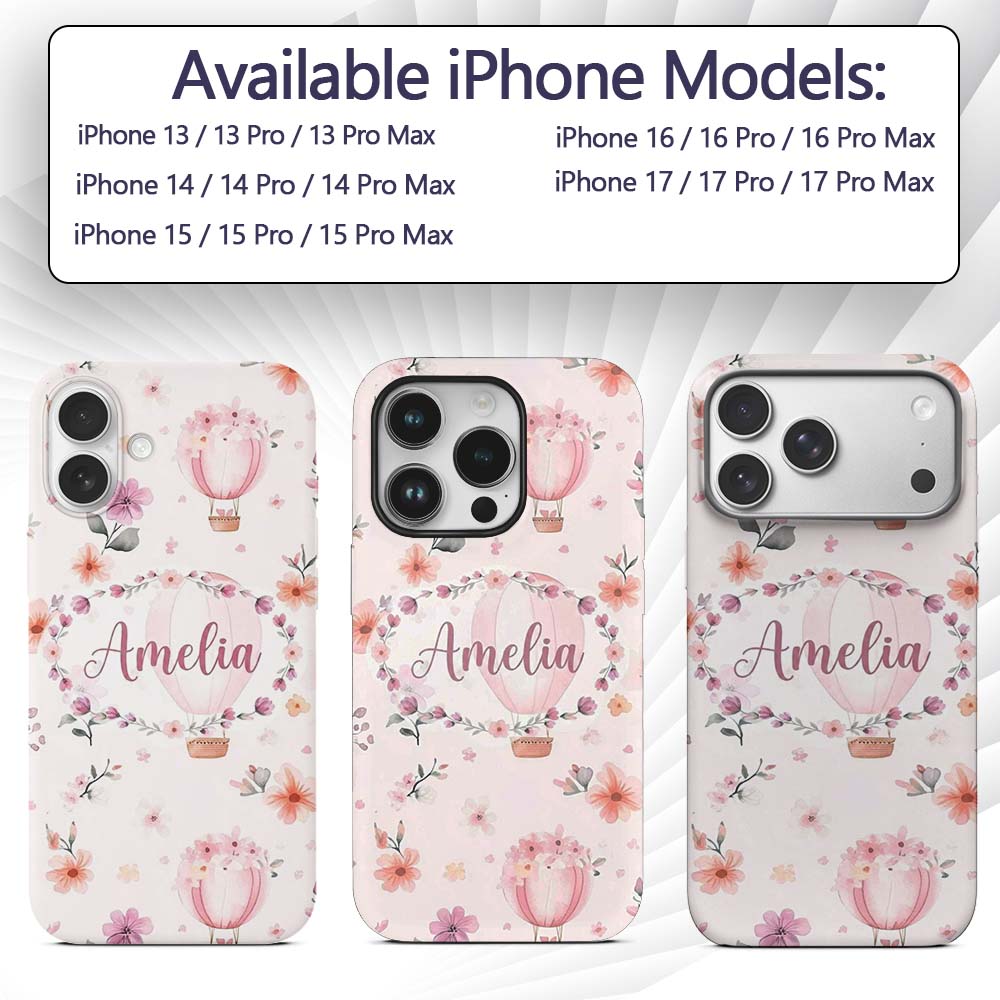 Soft Pink Floral Hot Air Balloon Printed Design Custom Name Protective Phone Case Mobile Cover Durable Everyday Smartphone Shock Resistant