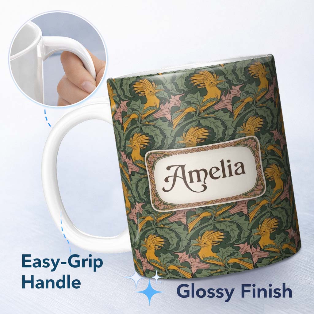 Personalized Custom Name Vintage Golden Exotic Birds Leafy Botanical Seamless Pattern Name 11oz Ceramic Coffee Tea Mug White Large Handle