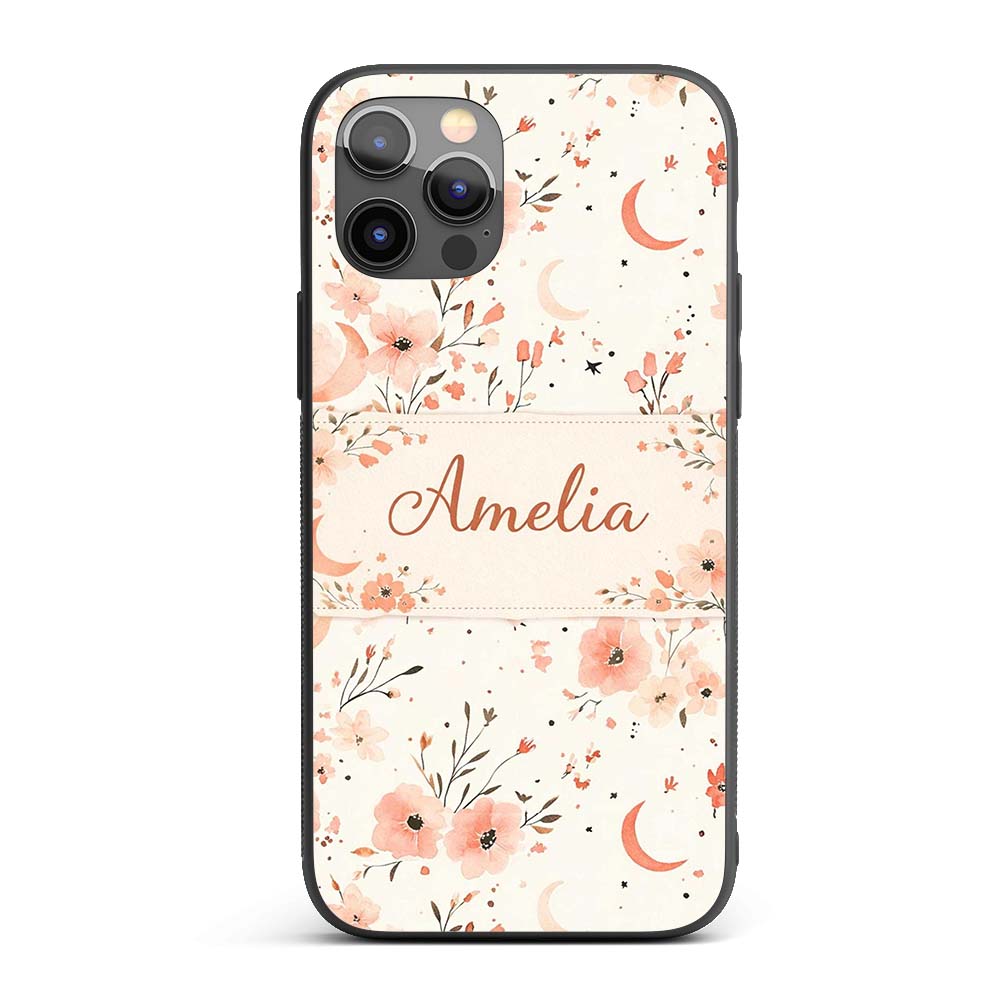 Peach Floral Moon Seamless Pattern Printed Design Custom Name Protective Phone Case Mobile Cover Durable Everyday Smartphone Shock Resistant