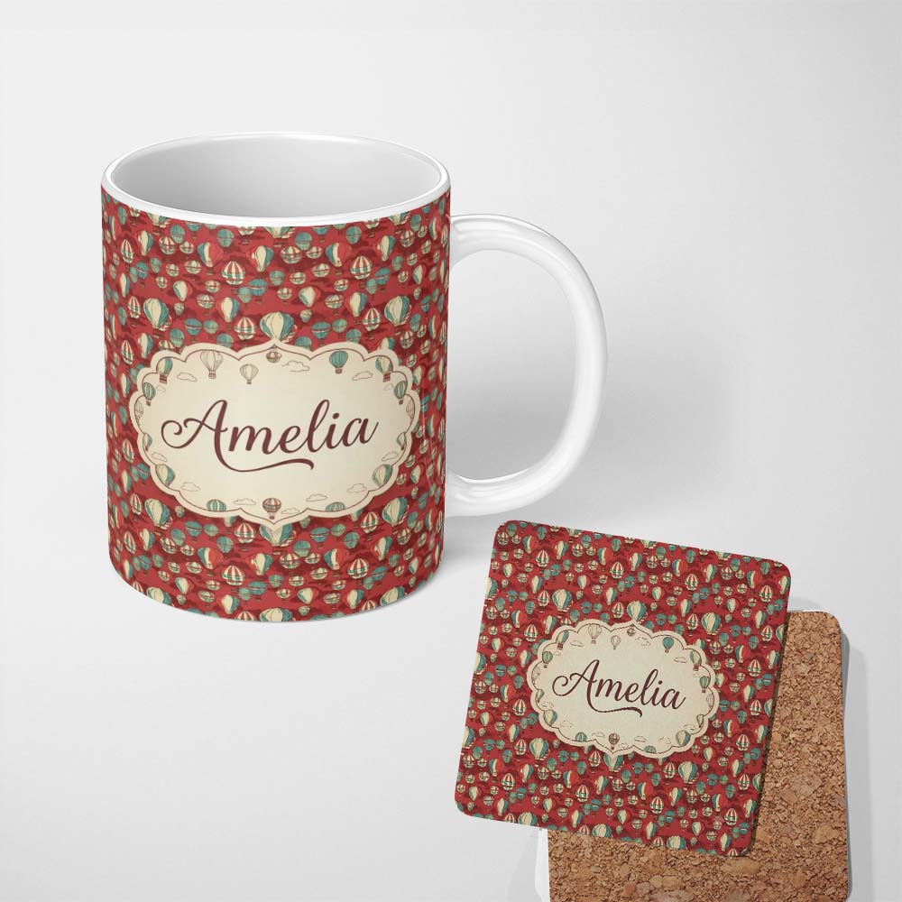 Personalized Custom Name Retro Hot Air Balloon Red Sky Vintage Seamless Pattern Name Cute 11oz Ceramic Coffee Tea Mug White Large Handle