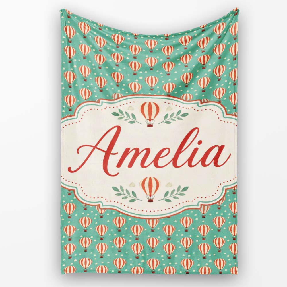Cute Striped Hot Air Balloon Blue Sky Seamless Pattern Name Unique Personalised Custom Name Super Soft Fleece Blanket Bed Sofa Throw