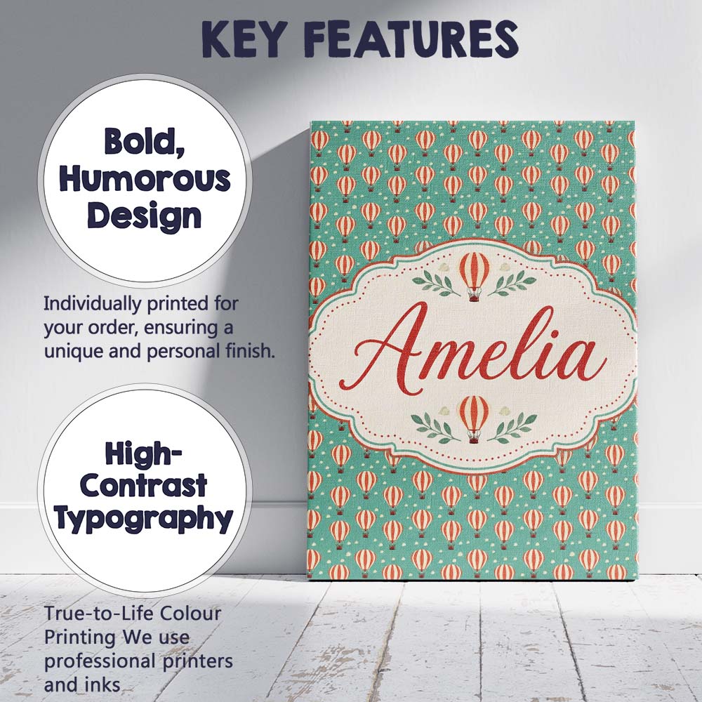 Personalised Name Cute Striped Hot Air Custom Modern Room Accent Elegant Feature Canvas Wall Art Print Decor Picture Ready to Hang