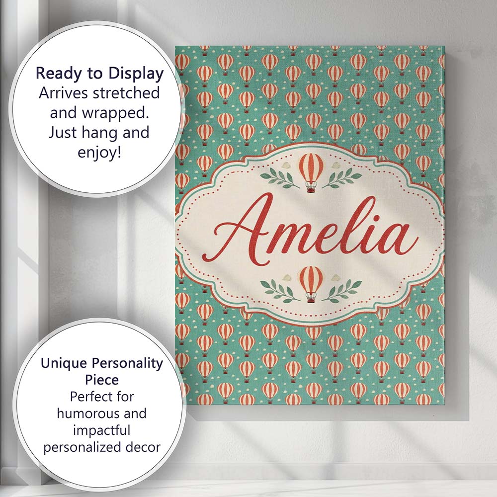 Personalised Name Cute Striped Hot Air Custom Modern Room Accent Elegant Feature Canvas Wall Art Print Decor Picture Ready to Hang
