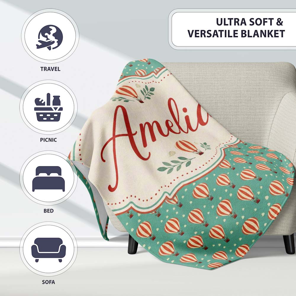 Cute Striped Hot Air Balloon Blue Sky Seamless Pattern Name Unique Personalised Custom Name Super Soft Fleece Blanket Bed Sofa Throw