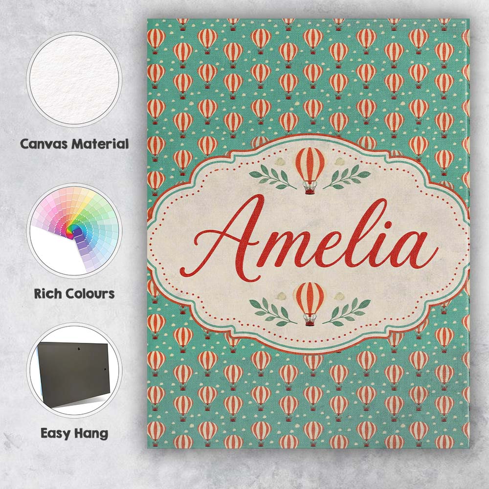 Personalised Name Cute Striped Hot Air Custom Modern Room Accent Elegant Feature Canvas Wall Art Print Decor Picture Ready to Hang
