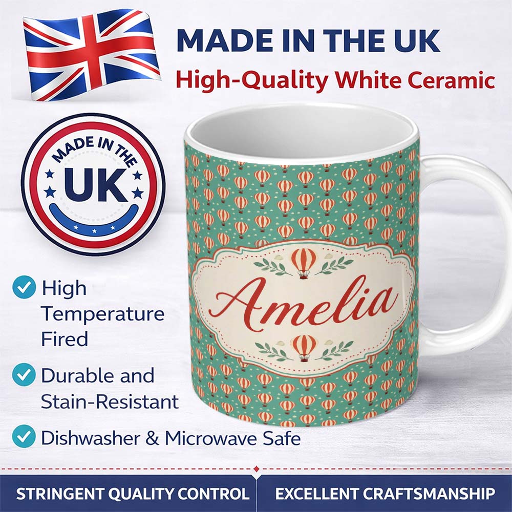 Personalized Custom Name Cute Striped Hot Air Balloon Blue Sky Seamless Pattern Name Unique 11oz Ceramic Coffee Tea Mug White Large Handle