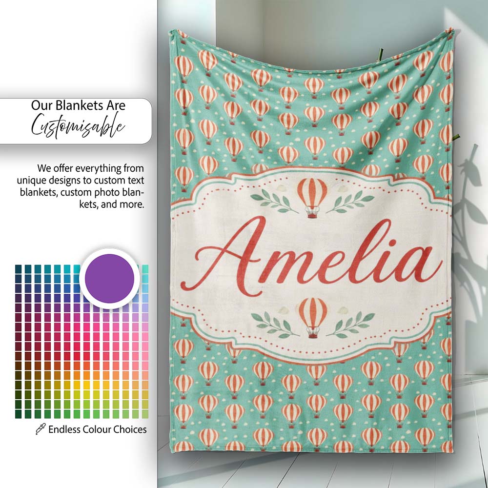 Cute Striped Hot Air Balloon Blue Sky Seamless Pattern Name Unique Personalised Custom Name Super Soft Fleece Blanket Bed Sofa Throw