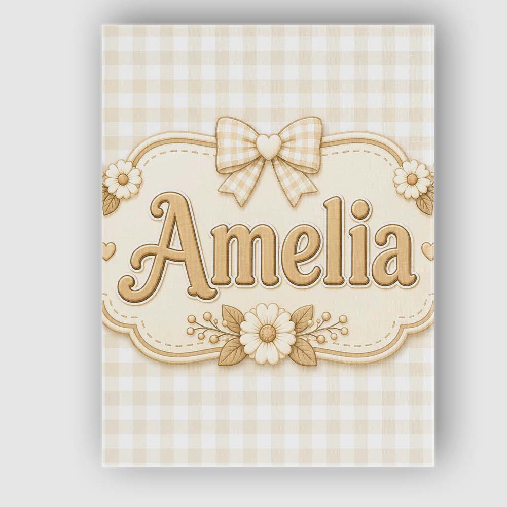 Personalised Name Beige Gingham Check Custom Modern Room Accent Creative Decorator Style Canvas Wall Art Print Decor Picture Ready to Hang