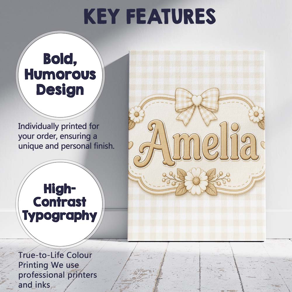 Personalised Name Beige Gingham Check Custom Modern Room Accent Creative Decorator Style Canvas Wall Art Print Decor Picture Ready to Hang