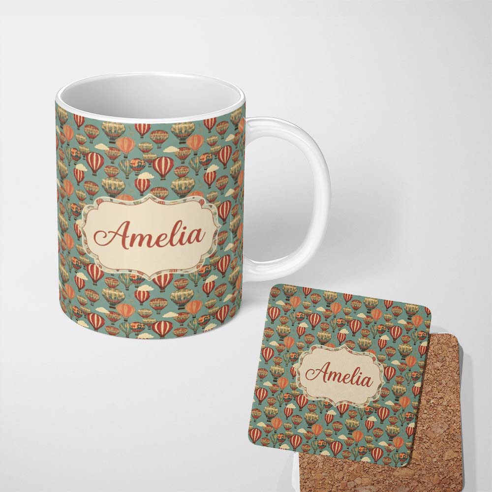 Personalized Custom Name Boho Hot Air Balloon Clouds Sky Seamless Pattern Name Cute Unique 11oz Ceramic Coffee Tea Mug White Large Handle