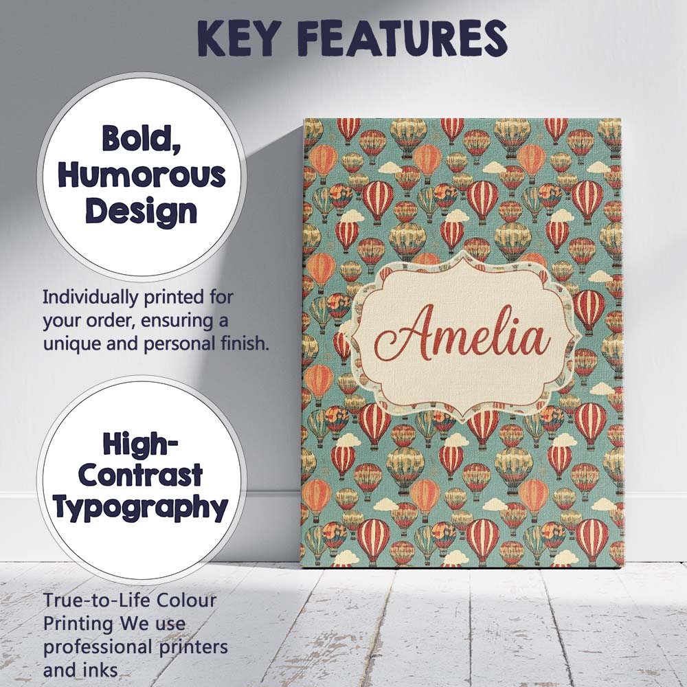 Personalised Name Boho Hot Air Balloon Custom Modern Room Accent Elegant Feature Canvas Wall Art Print Decor Picture Ready to Hang