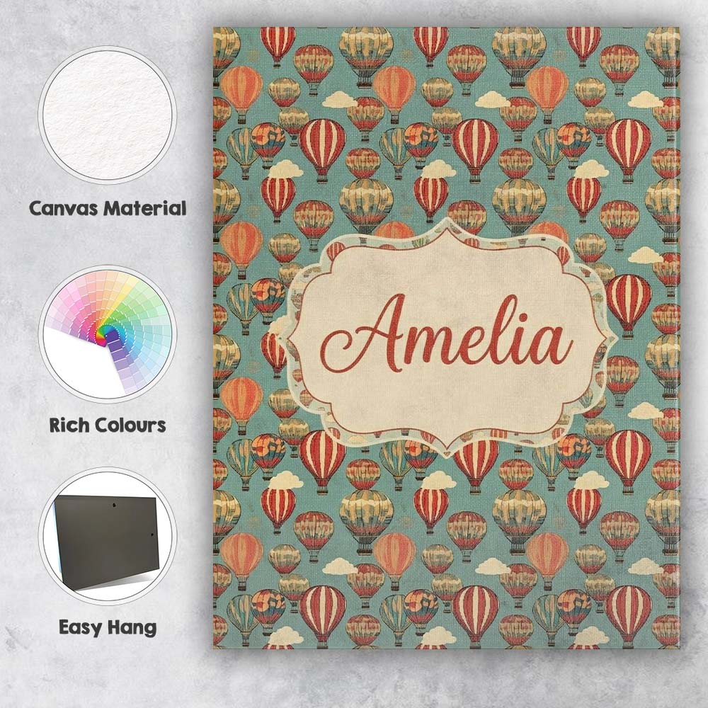 Personalised Name Boho Hot Air Balloon Custom Modern Room Accent Elegant Feature Canvas Wall Art Print Decor Picture Ready to Hang
