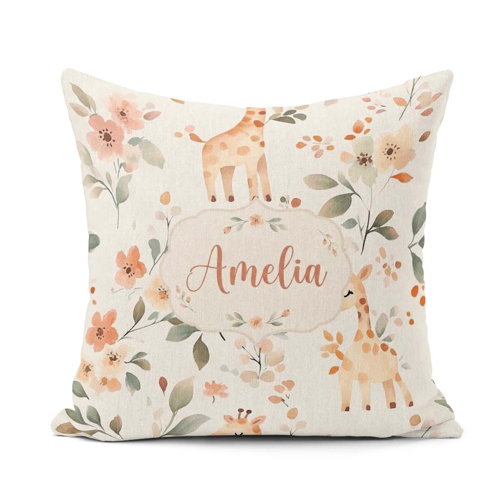 Custom Name Baby Giraffe Floral Nursery Seamless Pattern Name Square Filled Cushion Throw Pillow Sofa Bed Home Decor Zip Washable UK Made
