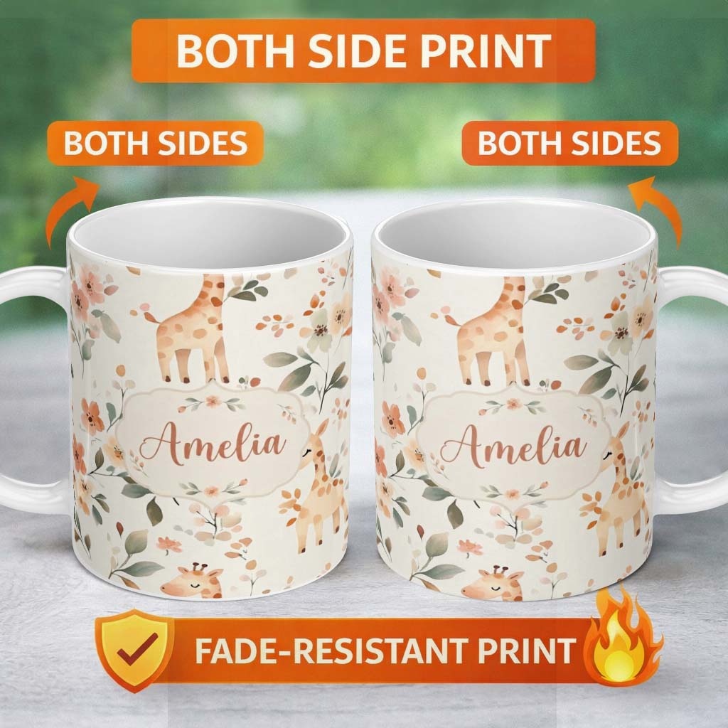 Personalized Custom Name Cute Baby Giraffe Floral Nursery Seamless Pattern Name Unique Gift 11oz Ceramic Coffee Tea Mug White Large Handle