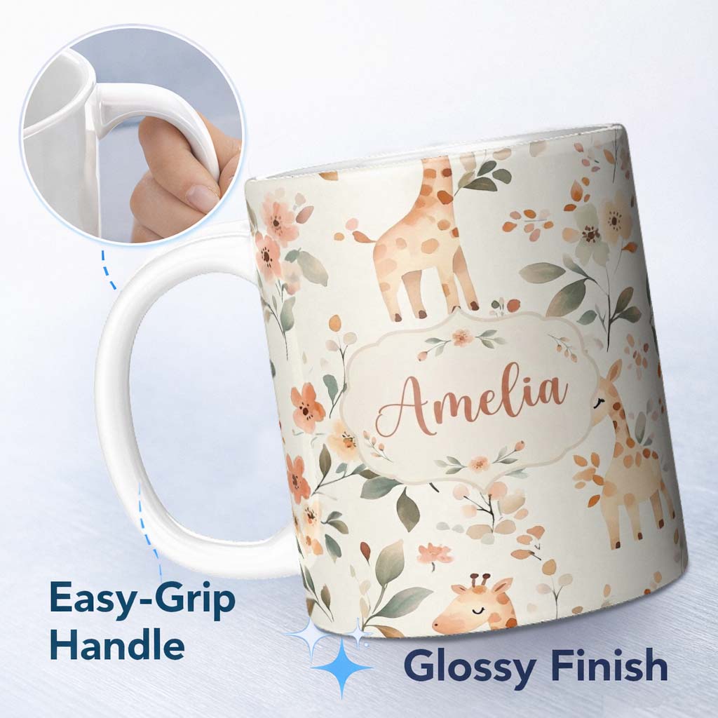 Personalized Custom Name Cute Baby Giraffe Floral Nursery Seamless Pattern Name Unique Gift 11oz Ceramic Coffee Tea Mug White Large Handle
