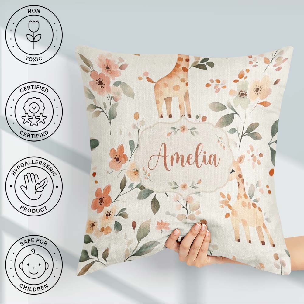 Custom Name Baby Giraffe Floral Nursery Seamless Pattern Name Square Filled Cushion Throw Pillow Sofa Bed Home Decor Zip Washable UK Made