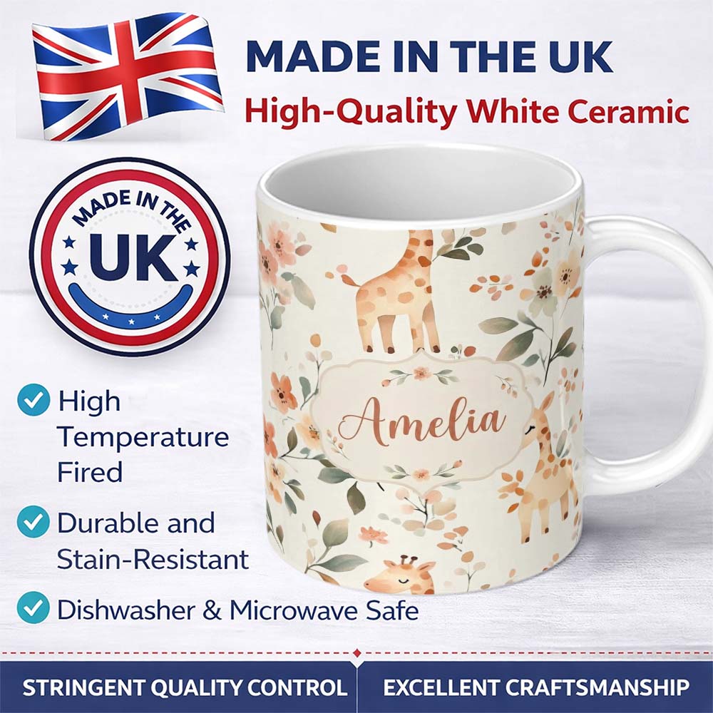Personalized Custom Name Cute Baby Giraffe Floral Nursery Seamless Pattern Name Unique Gift 11oz Ceramic Coffee Tea Mug White Large Handle