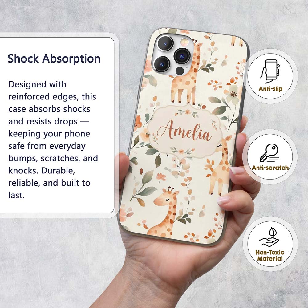 Cute Baby Giraffe Floral Nursery Seamless Pattern Custom Name Protective Phone Case Mobile Cover Durable Everyday Smartphone Shock Resistant