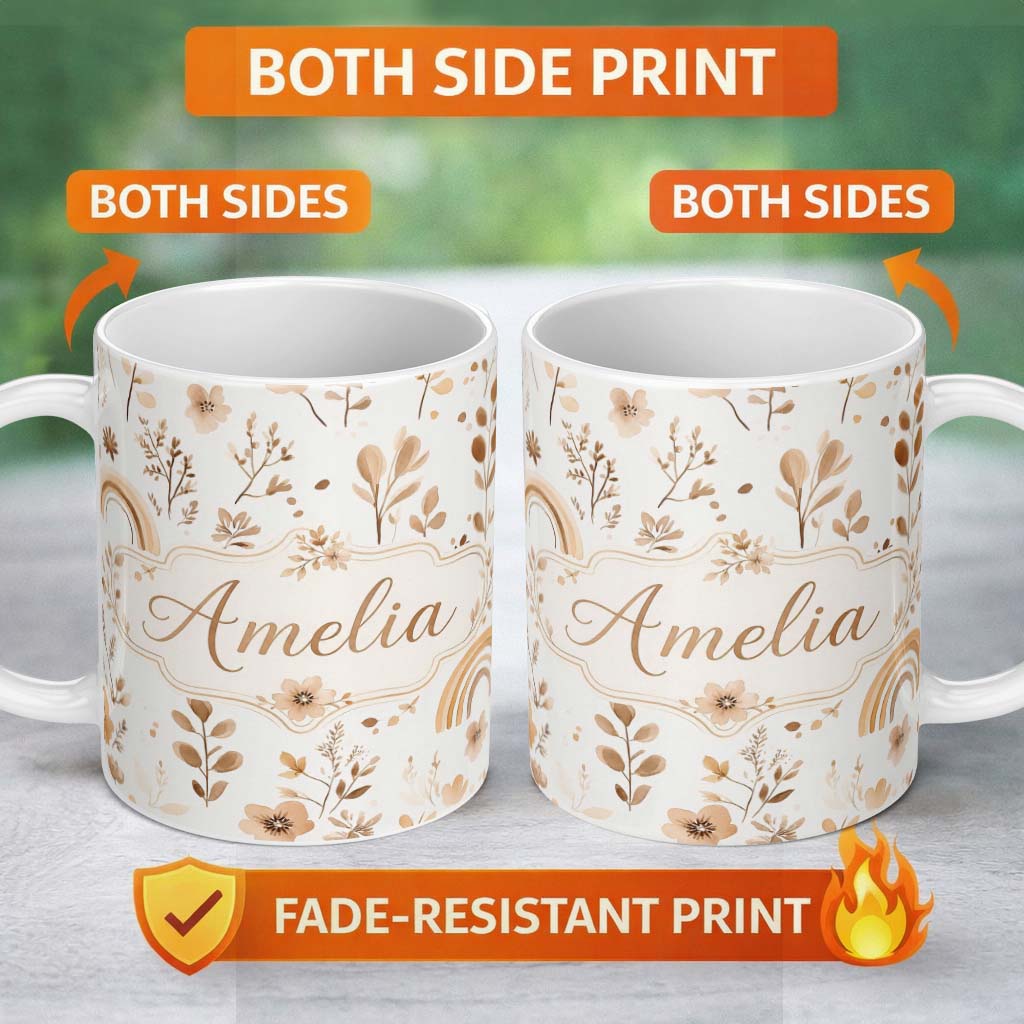 Personalized Custom Name Neutral Boho Rainbow Floral Watercolor Seamless Pattern Name Cute 11oz Ceramic Coffee Tea Mug White Large Handle